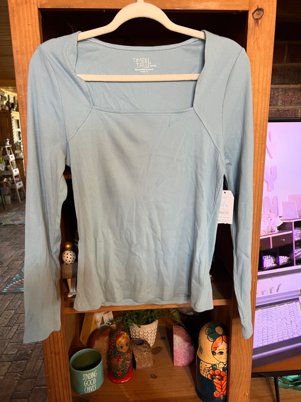 Time and Tru Pale Blue Square Neck Long Sleeve Top